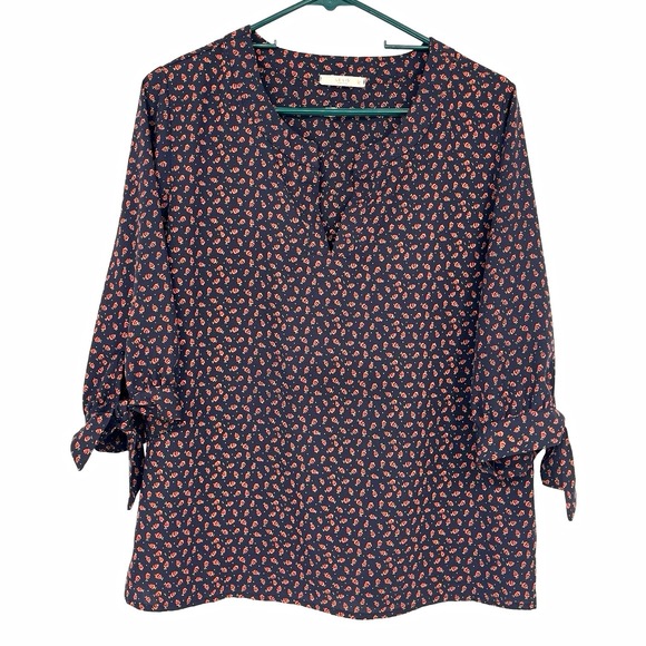 Le Lis Tops - Le Lis Women's Blouse M Navy Orange Floral Tie Sleeve Made USA Boho Pullover Top